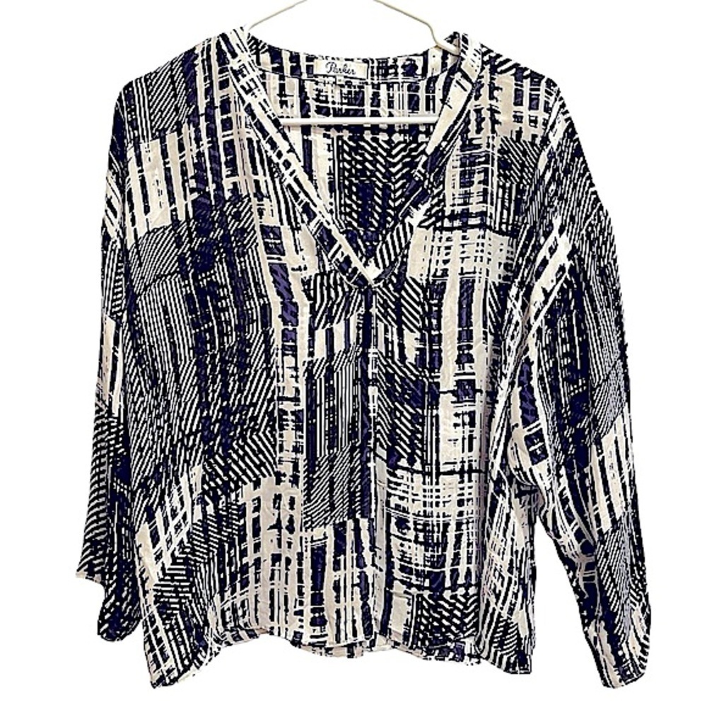 Parker Blue Black Ivory Print Silk Popover V Neck Blouse 3/4 Sleeves Boxy Sz XS